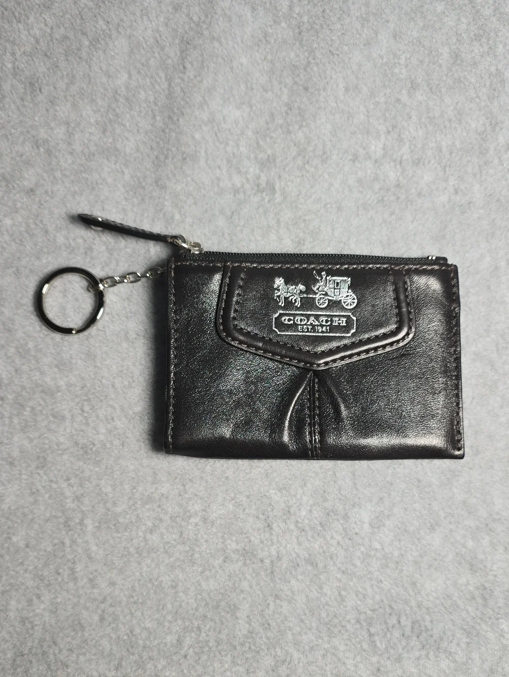 Coach Black Leather Zip Card Holder with Key Ring